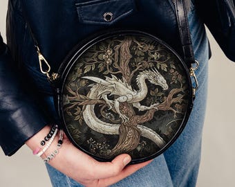 Vintage Mythical Medieval Dragon Round Messenger Bag Goth Witchy Tree of Life Dark Academia Crossbody Fantasy Animal Purse Middle Ages Gift