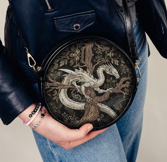 Vintage Mythical Medieval Dragon Round Messenger Bag Goth Witchy Tree of Life Dark Academia Crossbody Fantasy Animal Purse Middle Ages Gift