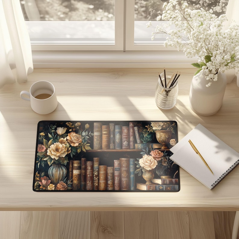 Romantic Book Bookish Reading Desk Mat Library Light Academia Mousepad Floral Flowers Mouse pad Office Gift Magical Idea Book Lover Librarian