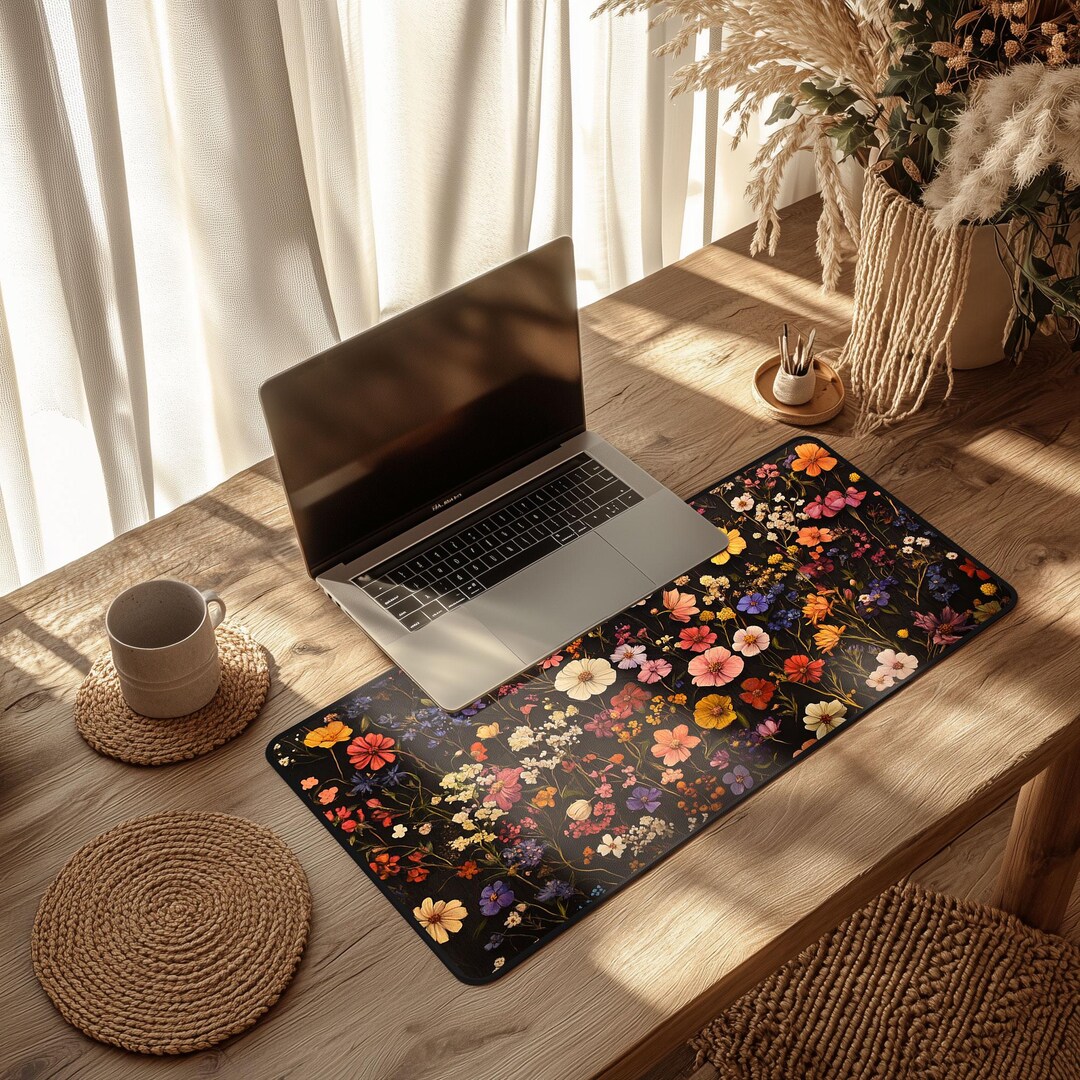 Floral Computer Mat Pressed Wildflowers Desk Mat Floral Botanical Mousepad Green Nature ...