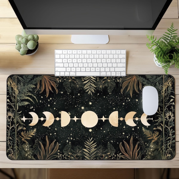 Tappetino da scrivania vintage gotico con arte celeste, fasi lunari, tappetino per mouse lunare, estetica eclettica da strega, universo, stelle, decorazione per scrivania, dark academia