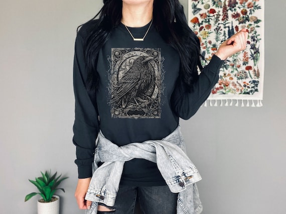 Vintage Whimsical Gothic Raven Long Sleeve Tshirt Whimsigoth Tarot Card Crow Light Sweatshirt Grunge Boyfriend Gift Dark Academia Clothing