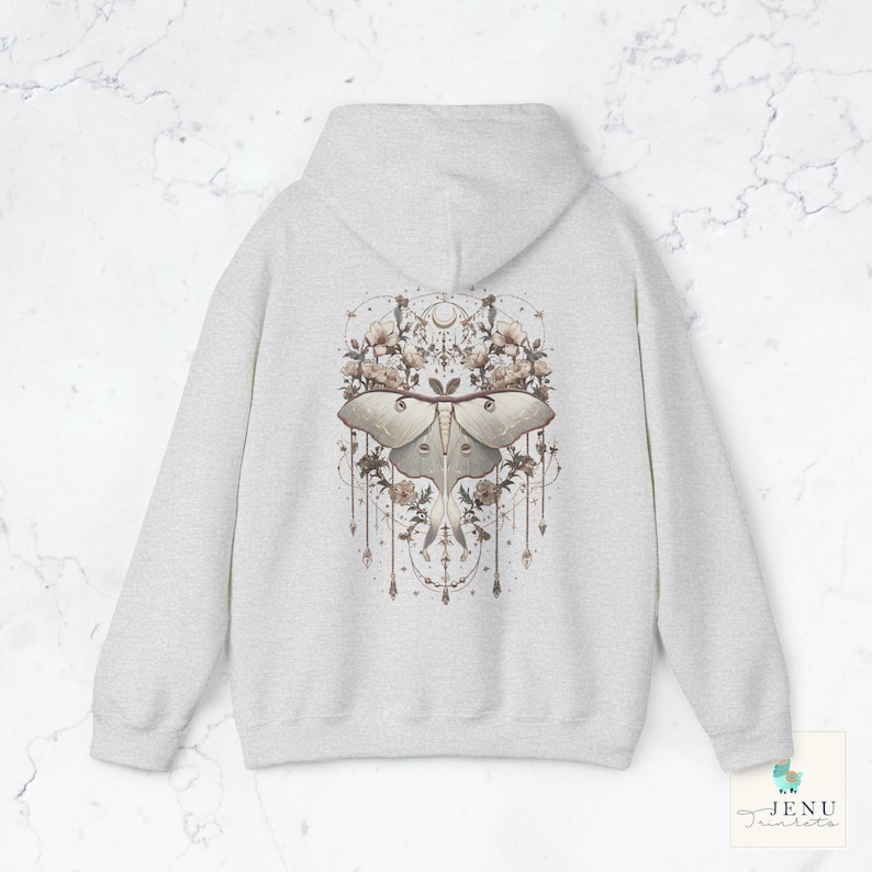 Boho white Lunar Moth Cozy Hoodie Vintage Dreamcatcher Butterfly Sweatshirt Celestial Floral Moon Luna Moth Jewelry Hooded Sweater Alt Gift Ash