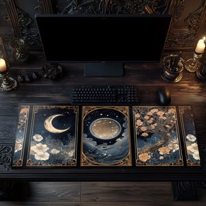 Celestial Lunar Nature Tarot Card Desk Mat Dark Green Witch Night Botanical Floral Mousepad Occult Stars Magic Mouse Moon Office Gift Idea