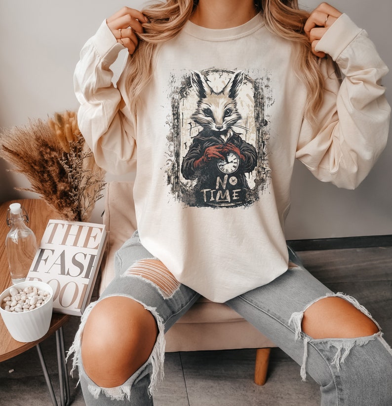 Alice in Wonderland Inspired No Time Long Sleeve Tshirt Rabbit Clock Whimsigoth Streetwear Clothing Grunge Y2K Top Fantasy Sleeved Cotton Ivory