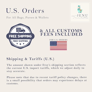 May include: Image with text: "U.S. Orders For All Bags, Purses & Wallets" and "FREE SHIPPING". Includes a U.S. flag and the text "& ALL CUSTOMS FEES INCLUDED". Also includes the logo for JENU Trinkets.