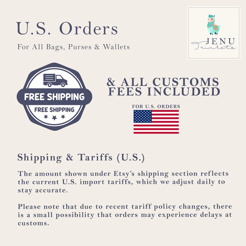 May include: Image with text: "U.S. Orders For All Bags, Purses & Wallets" and "FREE SHIPPING". Includes a U.S. flag and the text "& ALL CUSTOMS FEES INCLUDED". Also includes the logo for JENU Trinkets.