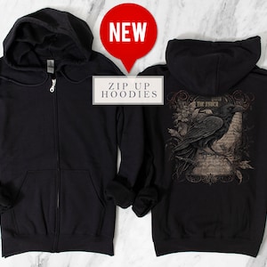 Edgar Allan Poe Zip Up Hoodie Poe Zipup Vintage Raven zip up Sweatshirt Vintage Crow Hoodie Vintage Poem Witchy Dark Academia Whimsigoth