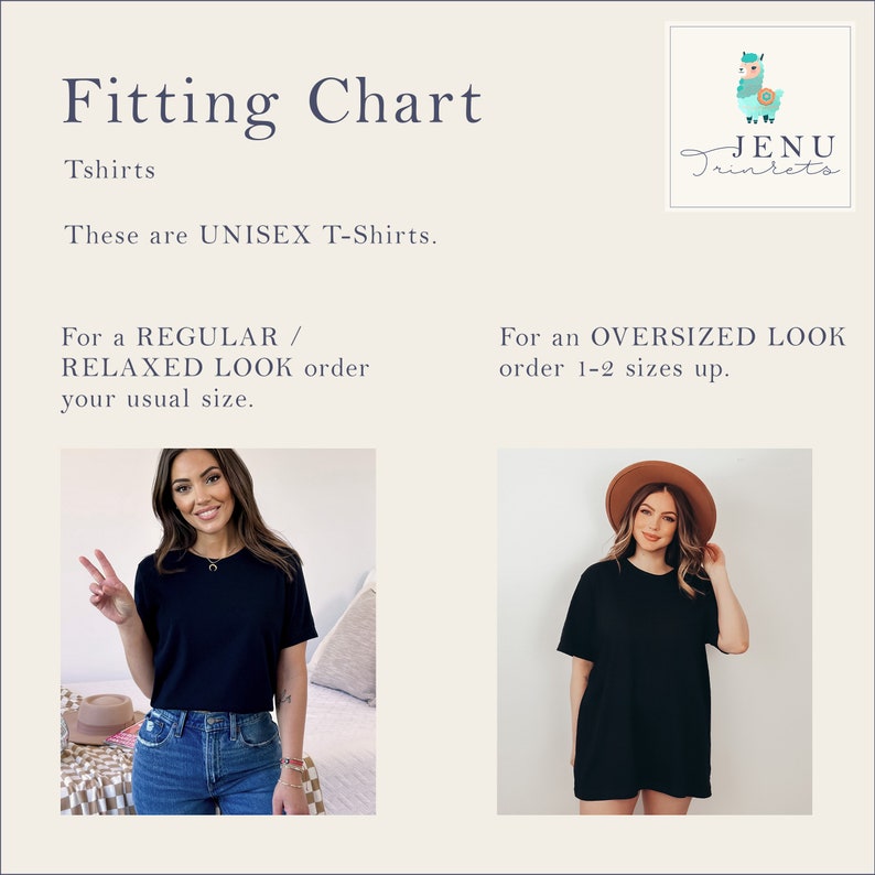 Peut inclure: Un tableau des tailles pour t-shirts unisexes. Le tableau montre deux mannequins portant des t-shirts noirs. Le mannequin de gauche porte un t-shirt qui lui va bien. Le mannequin de droite porte un t-shirt surdimensionn&eacute; qui ressemble &agrave; une robe. Le texte sur le tableau dit "Pour un look normal/d&eacute;tendu, commandez votre taille habituelle." et "Pour un look surdimensionn&eacute;, commandez 1 &agrave; 2 tailles au-dessus."