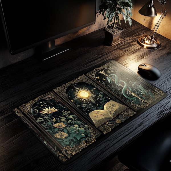 Vintage Witchy Mystical Sun Grimoire Desk Mat Magic Book Healing Gothic Celestial Herbs  Mousepad Green Witch Desk Decor Tarot Cards Occult