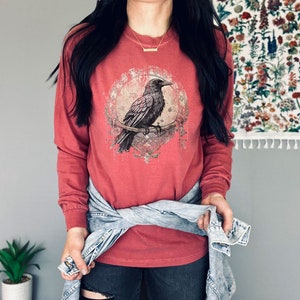 Dark Academia Raven Long Sleeve Tshirt Gothic Trendy Crow Long Sleeve Top Grunge Fashion Alt Edgar Allan Poe Graphic Tees Mythical Mystical