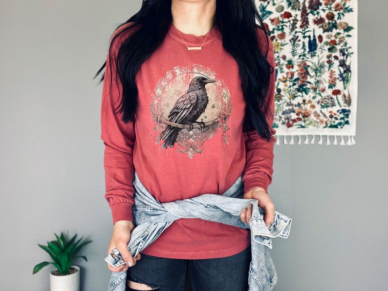 Dark Academia Raven Long Sleeve Tshirt Gothic Trendy Crow Long Sleeve Top Grunge Fashion Alt Edgar Allan Poe Graphic Tees Mythical Mystical