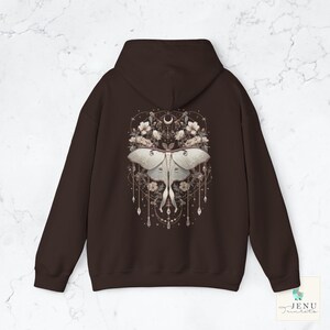 Boho white Lunar Moth Cozy Hoodie Vintage Dreamcatcher Butterfly Sweatshirt Celestial Floral Moon Luna Moth Jewelry Hooded Sweater Alt Gift Dark Chocolate