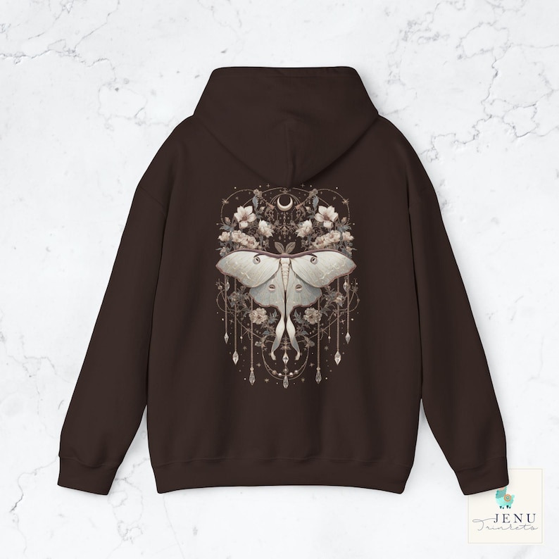 Boho white Lunar Moth Cozy Hoodie Vintage Dreamcatcher Butterfly Sweatshirt Celestial Floral Moon Luna Moth Jewelry Hooded Sweater Alt Gift Dark Chocolate