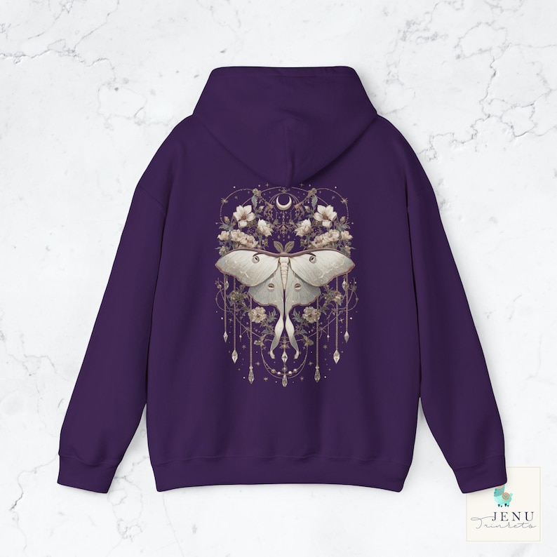 Boho white Lunar Moth Cozy Hoodie Vintage Dreamcatcher Butterfly Sweatshirt Celestial Floral Moon Luna Moth Jewelry Hooded Sweater Alt Gift Purple