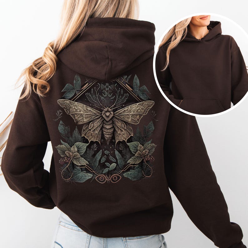 Vintage Moth Hoodie Nature Forest Sweatshirt Cottage Core Hoodie Fairycore Top Goblin Core Street Wear Trendy Woodland Shirt Green Witc Back