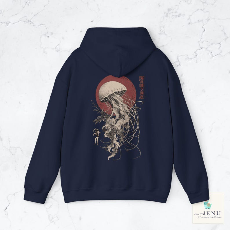 Jellyfish 海月 Ukiyo-e Hoodie Hooded Sweatshirt Kanji Sea Moon Red Moon Witchcore Oversized Gothic Dark Academia Streetwear Japan Gift Navy