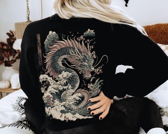 Vintage Japanischer Drache Folklore Sweatshirt Fliegen Schlange Mythische Fantasie Pullover Ukiyo-e Chinesischer Geist Streetwear Japan Geschenk Pullover Männer