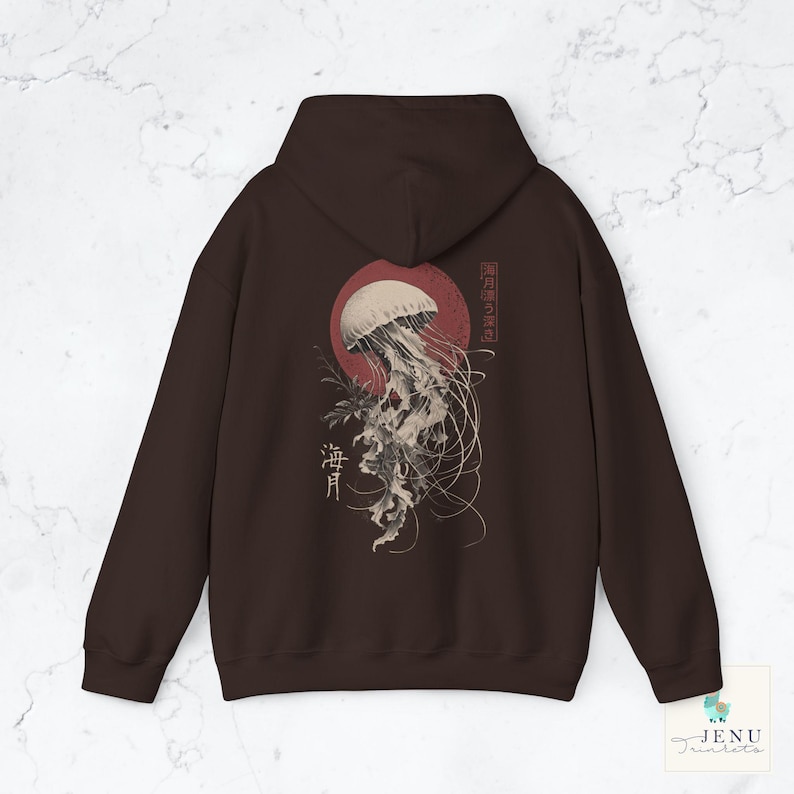 Jellyfish 海月 Ukiyo-e Hoodie Hooded Sweatshirt Kanji Sea Moon Red Moon Witchcore Oversized Gothic Dark Academia Streetwear Japan Gift Dark Chocolate