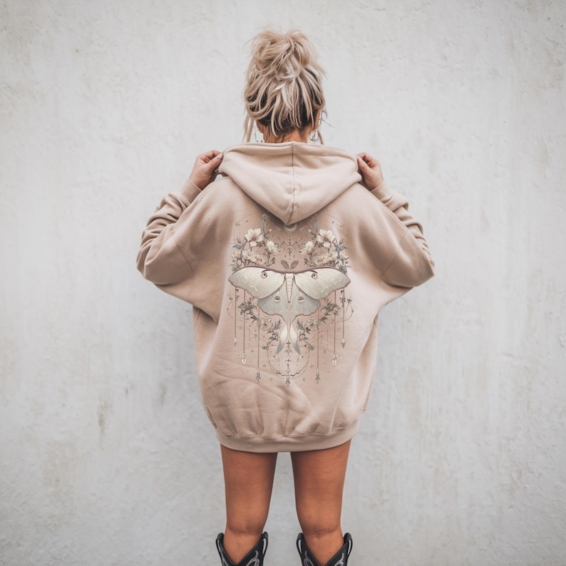 Boho white Lunar Moth Cozy Hoodie Vintage Dreamcatcher Butterfly Sweatshirt Celestial Floral Moon Luna Moth Jewelry Hooded Sweater Nature Alt Gift Cottagecore Top