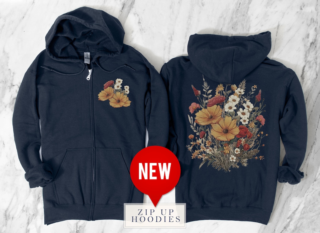 Retro Fall Flower Bouquet Full Zip up Hoodie Vintage Floral