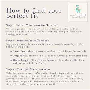 May include: A cream-colored graphic with the text "How to find your perfect fit" and instructions for measuring clothing. Includes steps for chest/bust, length, and sleeve measurements. A logo with a llama is in the upper right corner.