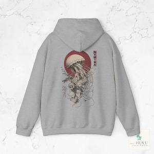 Jellyfish 海月 Ukiyo-e Hoodie Hooded Sweatshirt Kanji Sea Moon Red Moon Witchcore Oversized Gothic Dark Academia Streetwear Japan Gift Sport Grey