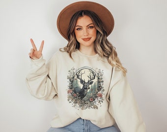 Vintage Victorian Woodland Deer Sweatshirt Whimsical Forest Stag Sweater Nature Wood Creature Animal Fawn Top Goblincore Cottage Core Goblin