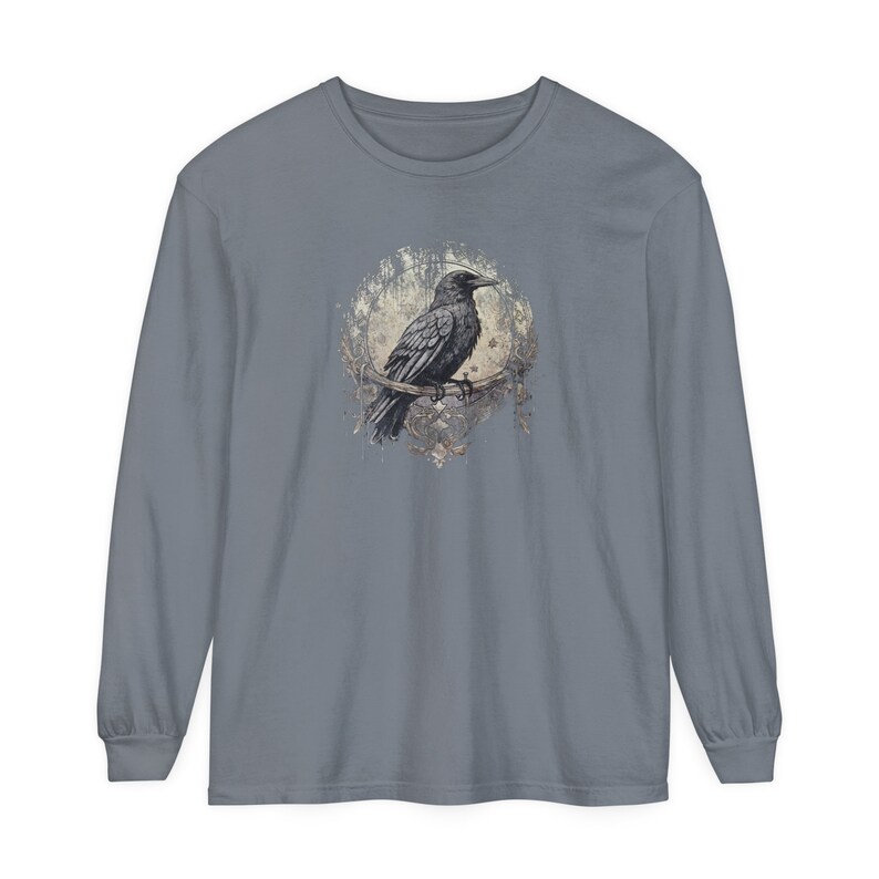 Dark Academia Raven Long Sleeve Tshirt Gothic Trendy Crow Long Sleeve Top Grunge Fashion Alt Edgar Allan Poe Graphic Tees Mythical Mystical