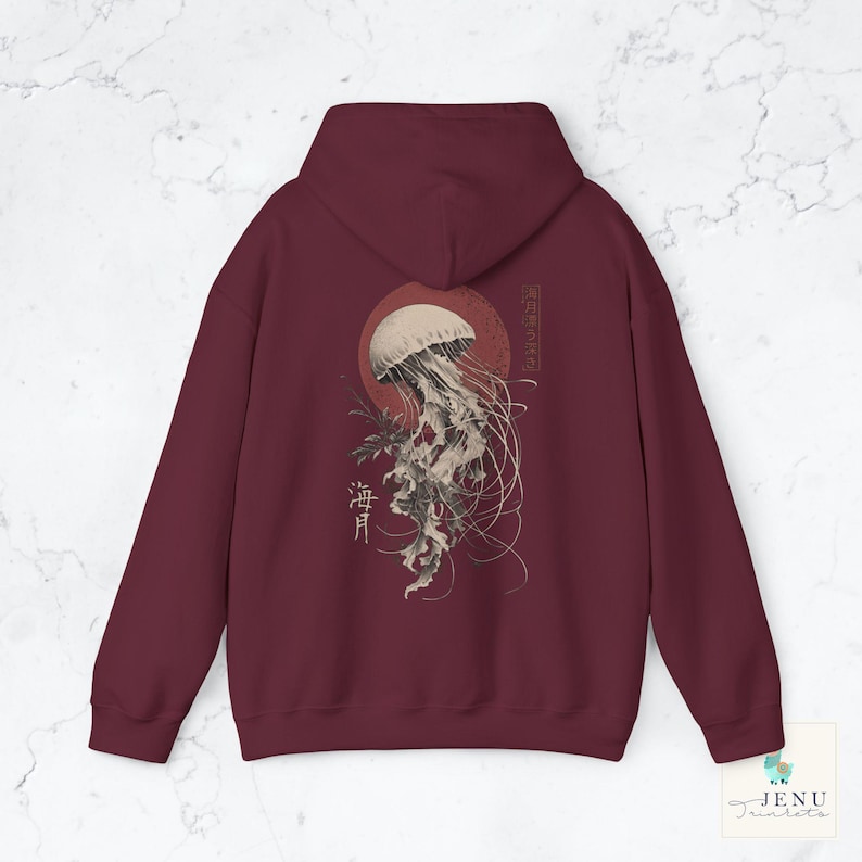 Jellyfish 海月 Ukiyo-e Hoodie Hooded Sweatshirt Kanji Sea Moon Red Moon Witchcore Oversized Gothic Dark Academia Streetwear Japan Gift Maroon