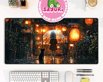 Cute Lofi Cat and Girl Standing in the Rain Desk Mat Cozy Kawaii Tokyo Old Town Mousepad Japan Art Anime Mouse Pad Japanese Office Gift Idea