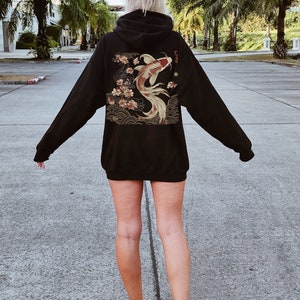 Cozy Vintage Japanese Koi Fish Hoodie Nautical Animal Asian Art Nouveau Japan Hooded Sweater Pond Top Urban Unisex Spring Shirt Tokyo Style