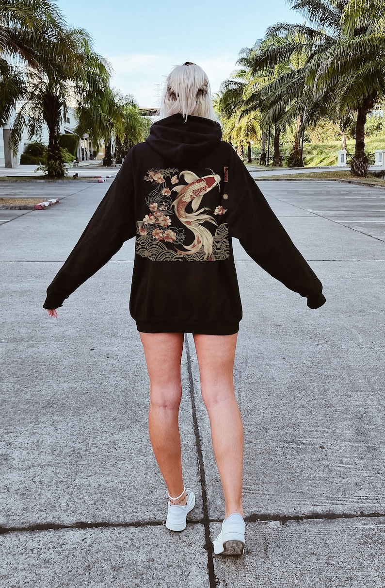 Cozy Vintage Japanese Koi Fish Hoodie Nautical Animal Asian Art Nouveau Japan Hooded Sweater Pond Top Urban Unisex Spring Shirt Tokyo Style