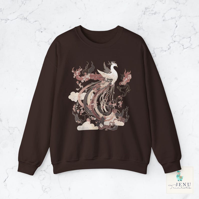 Japanese Phoenix Hoodie Fantasy Beast Bird Sweatshirt Mystical Vintage Asian Abstract Top Japan Nature Tee Mythology Magic Fiction Rebirth Dark Chocolate