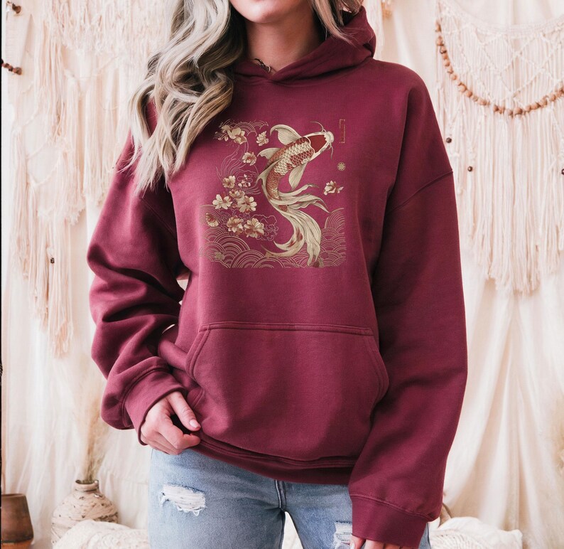 Cozy Vintage Japanese Koi Fish Hoodie Nautical Animal Asian Art Nouveau Japan Hooded Sweater Pond Top Urban Unisex Spring Shirt Tokyo Style