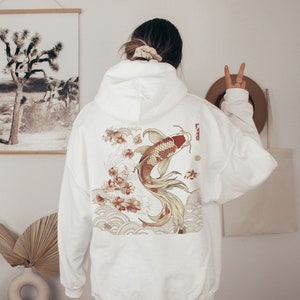 Cozy Vintage Japanese Koi Fish Hoodie Nautical Animal Asian Art Nouveau Japan Hooded Sweater Pond Top Urban Unisex Spring Shirt Tokyo Style