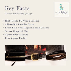 May include: Black vegan leather saddle bag with a zippered top, a front flap with a magnetic closure, and a zippered pocket on the back. The bag has an adjustable shoulder strap and a gold buckle.