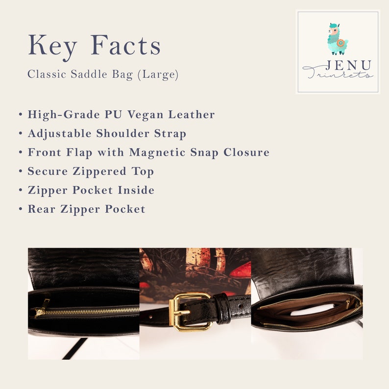 May include: Black vegan leather saddle bag with a zippered top, a front flap with a magnetic closure, and a zippered pocket on the back. The bag has an adjustable shoulder strap and a gold buckle.