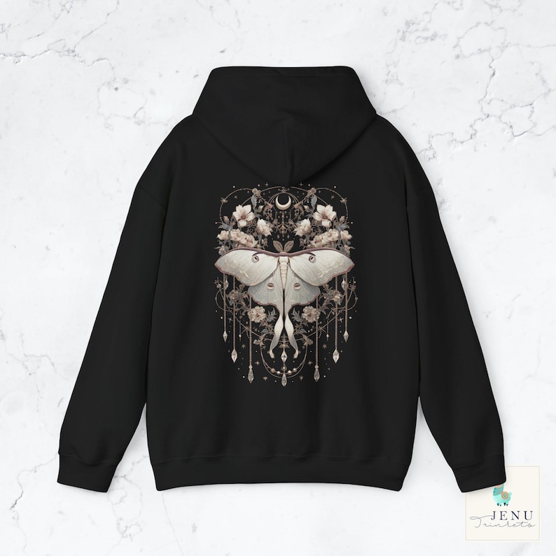 Boho white Lunar Moth Cozy Hoodie Vintage Dreamcatcher Butterfly Sweatshirt Celestial Floral Moon Luna Moth Jewelry Hooded Sweater Alt Gift Black