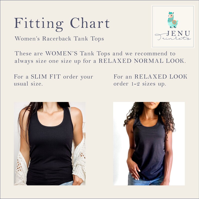 Op de afbeelding: Een maattabel voor dames tanktops met racerback. De tabel toont twee modellen die hetzelfde zwarte tanktop dragen. Het model aan de linkerkant draagt een maat die strak zit, terwijl het model aan de rechterkant een maat draagt die losjes zit. De tekst op de tabel luidt: "Dit zijn DAMES tanktops en we raden aan om altijd een maat groter te bestellen voor een RELAXTE NORMALE LOOK. Voor een SLIMME PASVORM bestel je je gebruikelijke maat. Voor een RELAXTE LOOK bestel je 1-2 maten groter."
