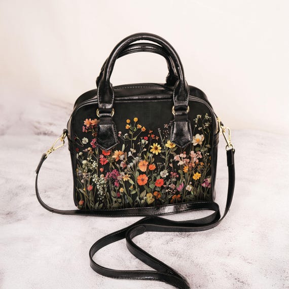 Dried Pressed Wildflowers Boho Shoulder Handbag Floral Botanical Crossbody Bag Green Nature Spring Blooms Purse Flower Gift Gardening Nature