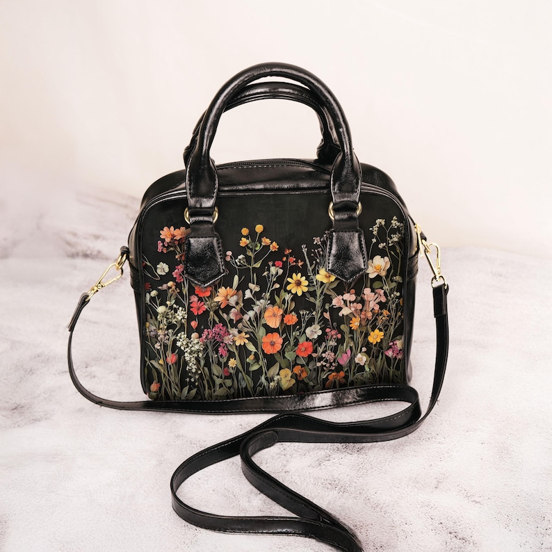 Dried Pressed Wildflowers Boho Shoulder Handbag Floral Botanical Crossbody Bag Green Nature Spring Blooms Purse Flower Gift Gardening Nature