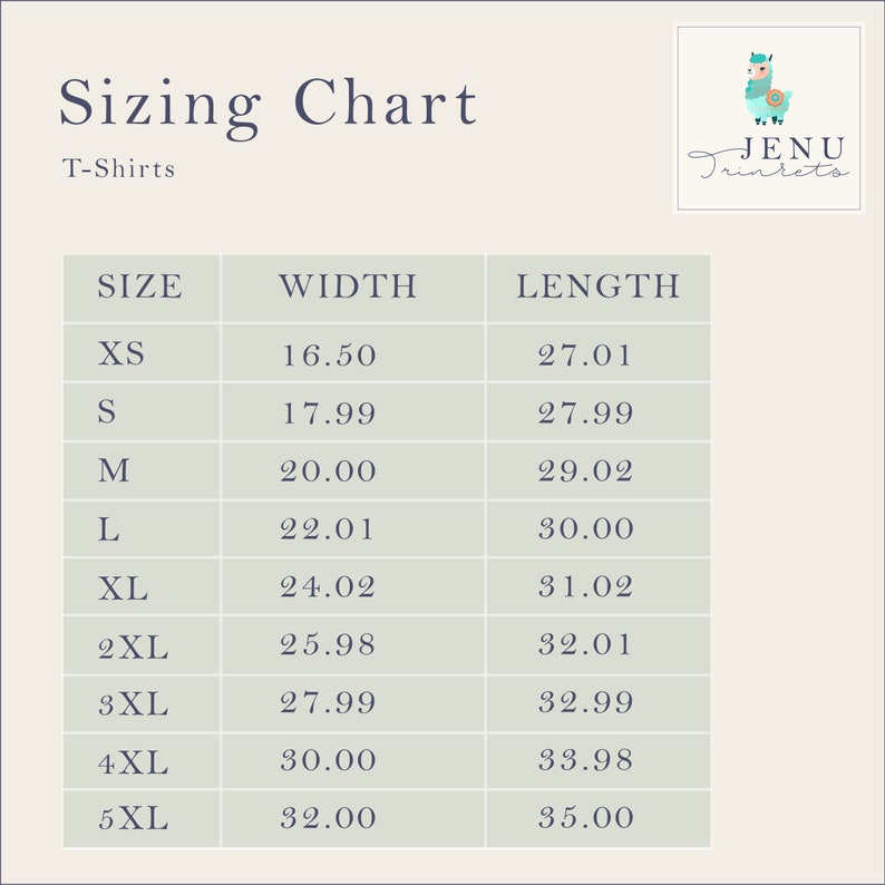Peut inclure: Un tableau des tailles pour les t-shirts avec des mesures en pouces pour la largeur et la longueur. Le tableau comprend les tailles XS &agrave; 5XL.