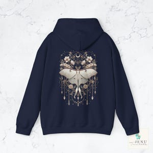 Boho white Lunar Moth Cozy Hoodie Vintage Dreamcatcher Butterfly Sweatshirt Celestial Floral Moon Luna Moth Jewelry Hooded Sweater Alt Gift Navy