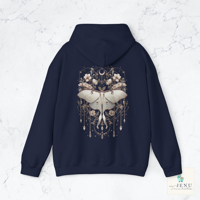 Boho white Lunar Moth Cozy Hoodie Vintage Dreamcatcher Butterfly Sweatshirt Celestial Floral Moon Luna Moth Jewelry Hooded Sweater Alt Gift Navy