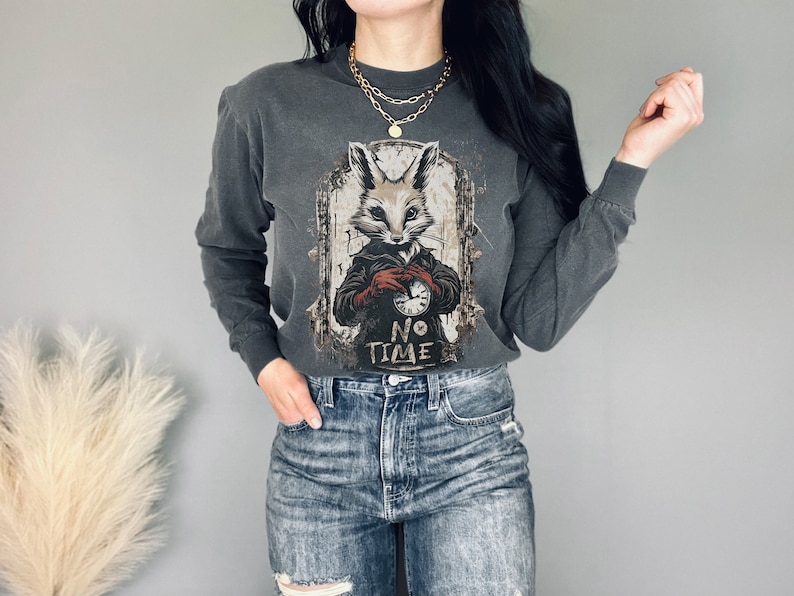 Alice in Wonderland Inspired No Time Long Sleeve Tshirt Rabbit Clock Whimsigoth Streetwear Clothing Grunge Y2K Top Fantasy Sleeved Cotton Pepper