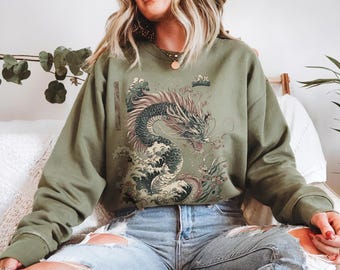 Vintage Japanischer Drache Folklore Sweatshirt Fliegen Schlange Mythische Fantasie Pullover Ukiyo-e Chinesischer Geist Streetwear Japan Geschenk Pullover Männer