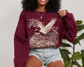 Abstract Japanese Crane Folklore Sweater Egret Heron Sweatshirt Vintage Edo Ukiyoe Sweater Traditional Nature Asian Streetwear Animal Korean