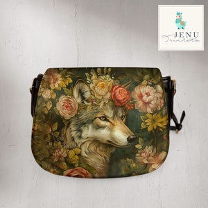 Vintage Boho Wolf Dog Saddle Bag Shoulder Bag Romantic Roses Peonies Crossbody Purse Floral Flowers Satchel  Oil Painting Victorian Art