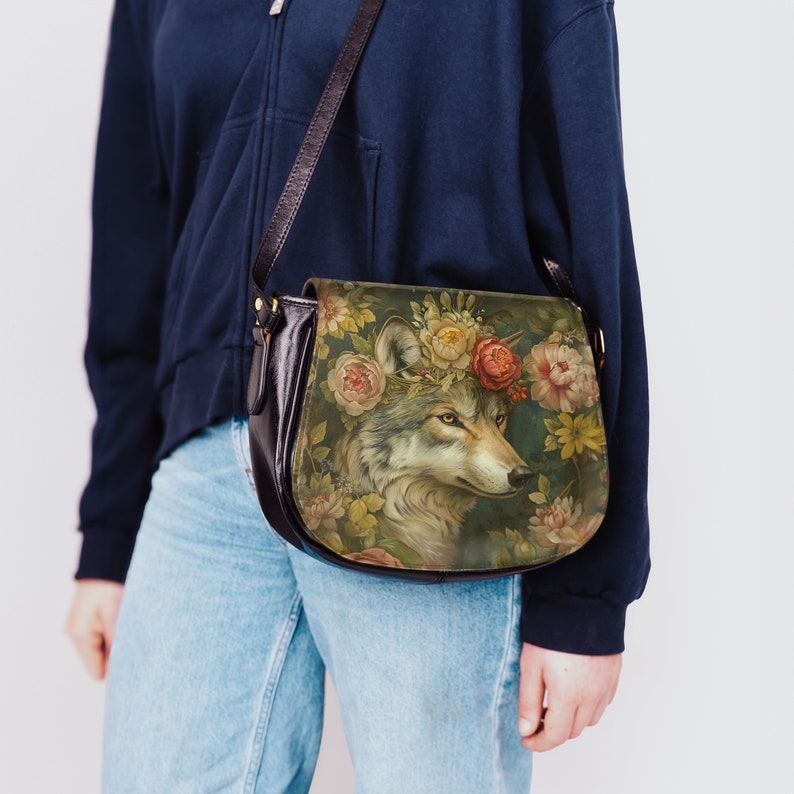 Vintage Boho Wolf Dog Saddle Bag Shoulder Bag Romantic Roses Peonies Crossbody Purse Floral Flowers Satchel  Oil Painting Victorian Art